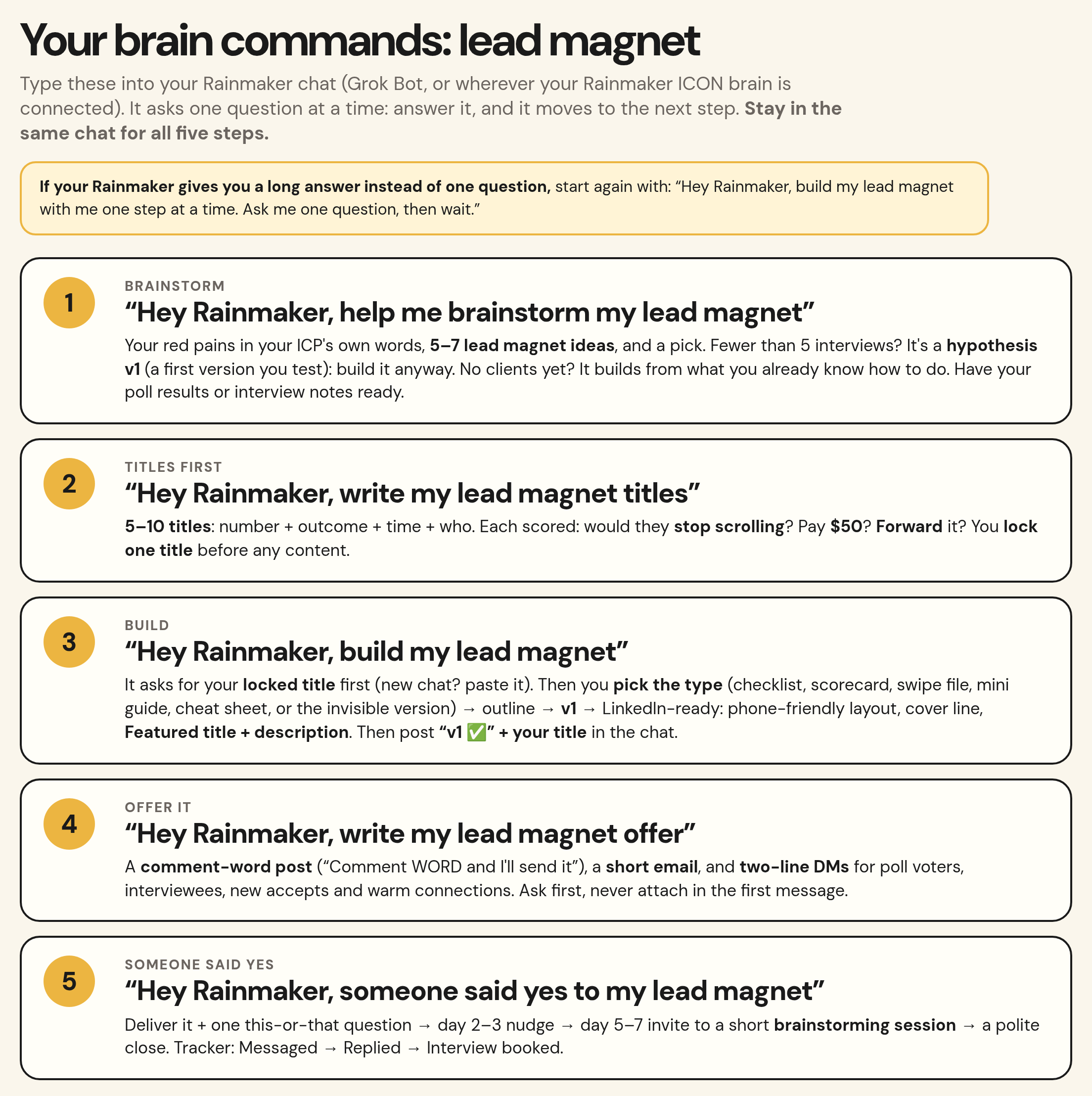 The Brain commands handout: five commands, brainstorm to someone said yes